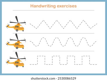 Basic writing exercises. Trace line worksheets for children. Preschool handwriting practice. Vector illustration. A4 - ready to print format.