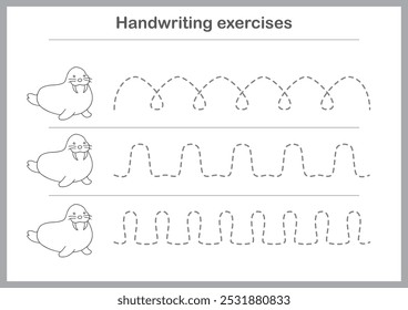 Basic writing exercises. Trace line worksheets for children. Preschool handwriting practice. Vector illustration. A4 - ready to print format.