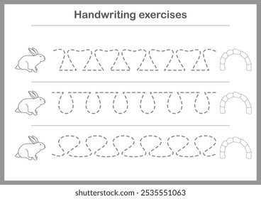 Basic writing exercises. Trace line worksheets for children. Preschool handwriting practice. Vector illustration. A4 - ready to print format.