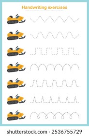 Basic writing exercises. Trace line worksheets for children. Preschool handwriting practice. Vector illustration. A4 - ready to print format.