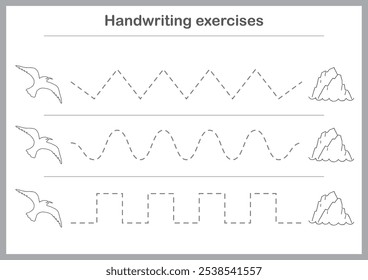 Basic writing exercises. Trace line worksheets for children. Preschool handwriting practice. Vector illustration. A4 - ready to print format.