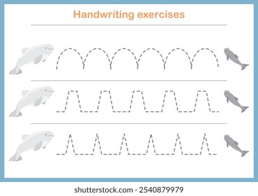 Basic writing exercises. Trace line worksheets for children. Preschool handwriting practice. Vector illustration. A4 - ready to print format.