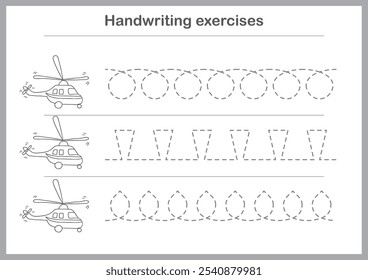 Basic writing exercises. Trace line worksheets for children. Preschool handwriting practice. Vector illustration. A4 - ready to print format.
