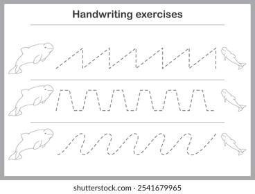 Basic writing exercises. Trace line worksheets for children. Preschool handwriting practice. Vector illustration. A4 - ready to print format.