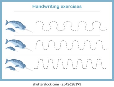 Basic writing exercises. Trace line worksheets for children. Preschool handwriting practice. Vector illustration. A4 - ready to print format.