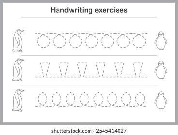 Ejercicios de escritura Básica. Hojas de trabajo de líneas de trazado para niños. Práctica de escritura preescolar. Ilustración vectorial. A4 - formato listo para imprimir.