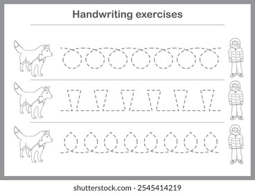 Basic writing exercises. Trace line worksheets for children. Preschool handwriting practice. Vector illustration. A4 - ready to print format.