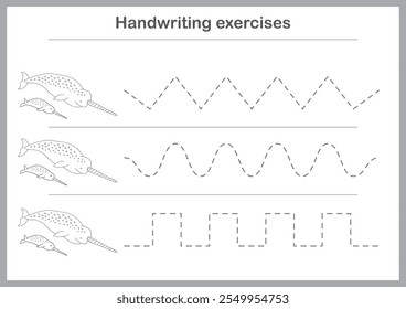 Basic writing exercises. Trace line worksheets for children. Preschool handwriting practice. Vector illustration. A4 - ready to print format.