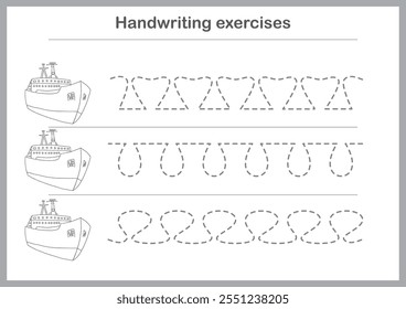 Basic writing exercises. Trace line worksheets for children. Preschool handwriting practice. Vector illustration. A4 - ready to print format.