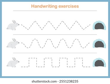 Ejercicios de escritura Básica. Hojas de trabajo de líneas de trazado para niños. Práctica de escritura preescolar. Ilustración vectorial. A4 - formato listo para imprimir.