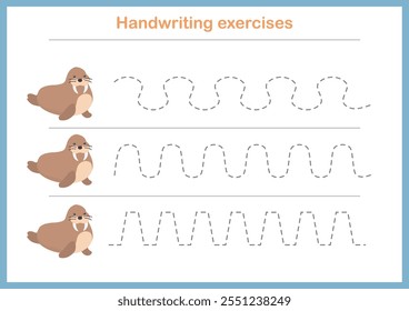 Basic writing exercises. Trace line worksheets for children. Preschool handwriting practice. Vector illustration. A4 - ready to print format.