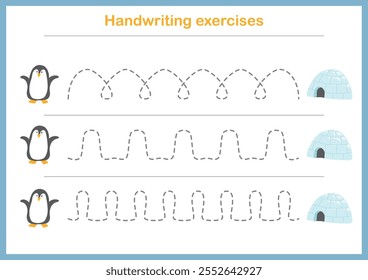 Ejercicios de escritura Básica. Hojas de trabajo de líneas de trazado para niños. Práctica de escritura preescolar. Ilustración vectorial. A4 - formato listo para imprimir.