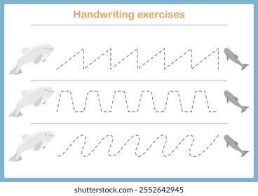 Basic writing exercises. Trace line worksheets for children. Preschool handwriting practice. Vector illustration. A4 - ready to print format.