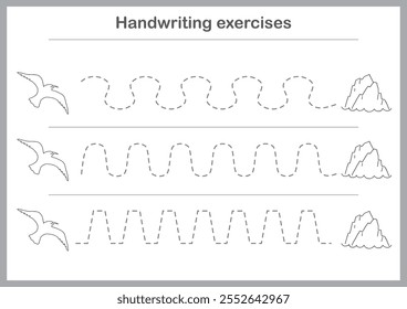 Basic writing exercises. Trace line worksheets for children. Preschool handwriting practice. Vector illustration. A4 - ready to print format.