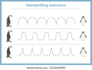 Basic writing exercises. Trace line worksheets for children. Preschool handwriting practice. Vector illustration. A4 - ready to print format.