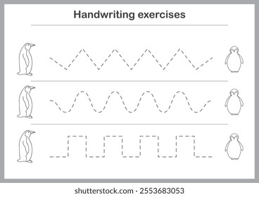 Basic writing exercises. Trace line worksheets for children. Preschool handwriting practice. Vector illustration. A4 - ready to print format.