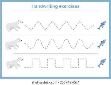 Basic writing exercises. Trace line worksheets for children. Preschool handwriting practice. Vector illustration. A4 - ready to print format.