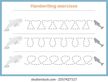 Basic writing exercises. Trace line worksheets for children. Preschool handwriting practice. Vector illustration. A4 - ready to print format.