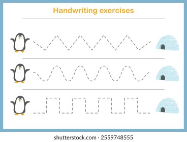 Basic writing exercises. Trace line worksheets for children. Preschool handwriting practice. Vector illustration. A4 - ready to print format.