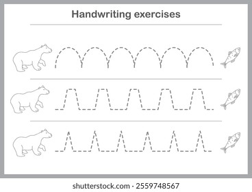 Basic writing exercises. Trace line worksheets for children. Preschool handwriting practice. Vector illustration. A4 - ready to print format.