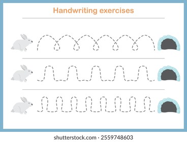 Basic writing exercises. Trace line worksheets for children. Preschool handwriting practice. Vector illustration. A4 - ready to print format.