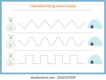 Basic writing exercises. Trace line worksheets for children. Preschool handwriting practice. Vector illustration. A4 - ready to print format.