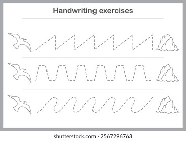 Basic writing exercises. Trace line worksheets for children. Preschool handwriting practice. Vector illustration. A4 - ready to print format.