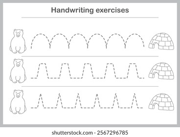 Basic writing exercises. Trace line worksheets for children. Preschool handwriting practice. Vector illustration. A4 - ready to print format.