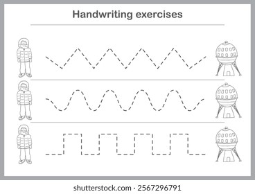 Basic writing exercises. Trace line worksheets for children. Preschool handwriting practice. Vector illustration. A4 - ready to print format.