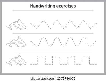 Basic writing exercises. Trace line worksheets for children. Preschool handwriting practice. Vector illustration. A4 - ready to print format.