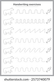 Basic writing exercises. Trace line worksheets for children. Preschool handwriting practice. Vector illustration. A4 - ready to print format.