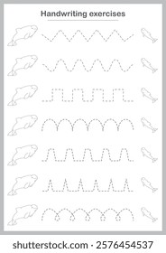 Basic writing exercises. Trace line worksheets for children. Preschool handwriting practice. Vector illustration. A4 - ready to print format.