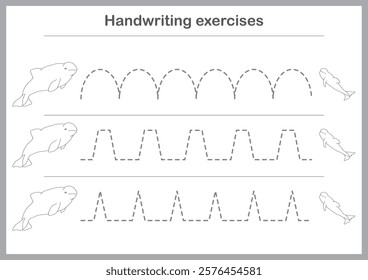 Basic writing exercises. Trace line worksheets for children. Preschool handwriting practice. Vector illustration. A4 - ready to print format.