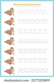 Basic writing exercises. Trace line worksheets for children. Preschool handwriting practice. Vector illustration. A4 - ready to print format.