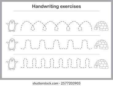 Basic writing exercises. Trace line worksheets for children. Preschool handwriting practice. Vector illustration. A4 - ready to print format.