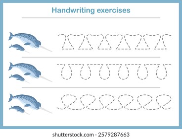 Basic writing exercises. Trace line worksheets for children. Preschool handwriting practice. Vector illustration. A4 - ready to print format.