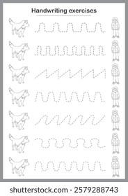 Basic writing exercises. Trace line worksheets for children. Preschool handwriting practice. Vector illustration. A4 - ready to print format.