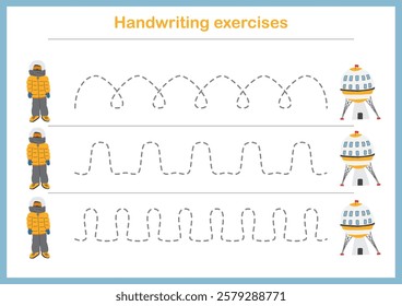 Basic writing exercises. Trace line worksheets for children. Preschool handwriting practice. Vector illustration. A4 - ready to print format.