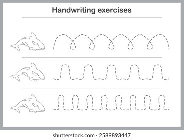 Basic writing exercises. Trace line worksheets for children. Preschool handwriting practice. Vector illustration. A4 - ready to print format.