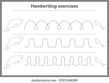 Basic writing exercises. Trace line worksheets for children. Preschool handwriting practice. Vector illustration. A4 - ready to print format.