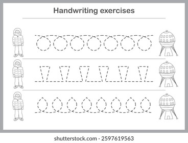 Basic writing exercises. Trace line worksheets for children. Preschool handwriting practice. Vector illustration. A4 - ready to print format.