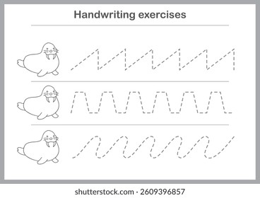 Basic writing exercises. Trace line worksheets for children. Preschool handwriting practice. Vector illustration. A4 - ready to print format.