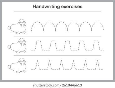 Basic writing exercises. Trace line worksheets for children. Preschool handwriting practice. Vector illustration. A4 - ready to print format.