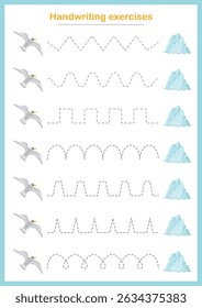 Basic writing exercises. Trace line worksheets for children. Preschool handwriting practice. Vector illustration. A4 - ready to print format.