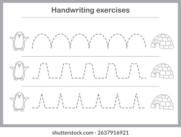 Basic writing exercises. Trace line worksheets for children. Preschool handwriting practice. Vector illustration. A4 - ready to print format.