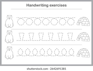 Basic writing exercises. Trace line worksheets for children. Preschool handwriting practice. Vector illustration. A4 - ready to print format.