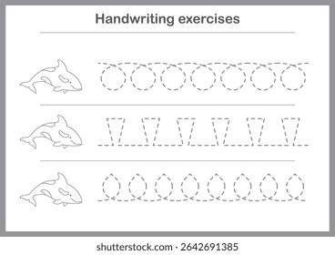Basic writing exercises. Trace line worksheets for children. Preschool handwriting practice. Vector illustration. A4 - ready to print format.