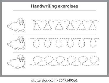 Basic writing exercises. Trace line worksheets for children. Preschool handwriting practice. Vector illustration. A4 - ready to print format.