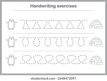 Basic writing exercises. Trace line worksheets for children. Preschool handwriting practice. Vector illustration. A4 - ready to print format.