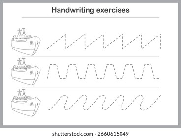 Exercícios básicos de escrita. Rastrear planilhas de linha para filhos. Prática de caligrafia pré-escolar. Ilustração vetorial. A4 - pronto para imprimir formato.
